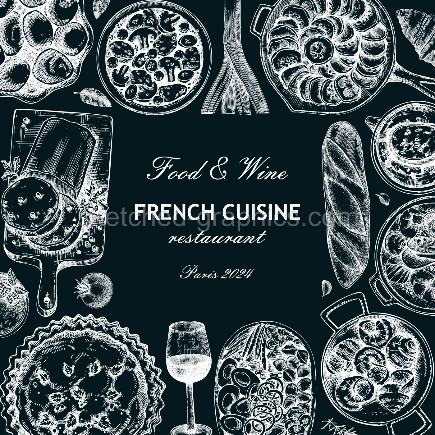 French food frame design. Retro food and wine sketches on chalkboard. European restaurant menu template. France background. Hand-drawn vector illustration, NOT AI generated Illustration